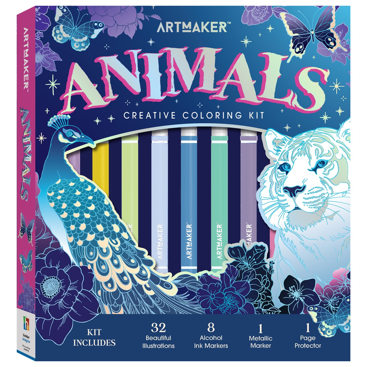Art Maker: Animals - Creative Coloring Kit, 32 Wildlife & Nature Illustrations, 8 Alcohol Ink Markers, Metallic Marker, Page Protector, Adults Art Set
